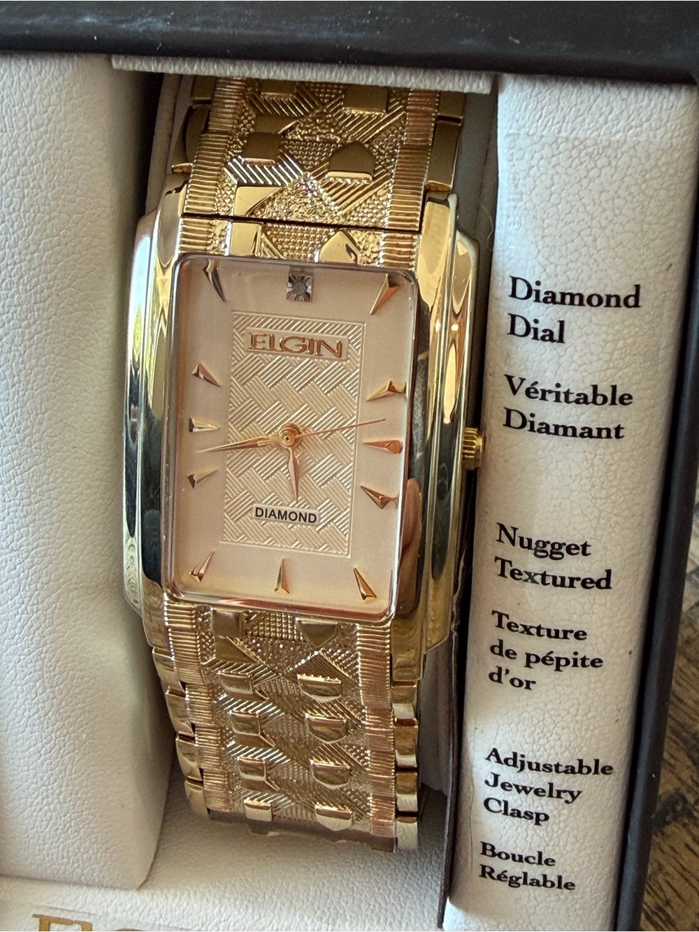 New! Elgin Gold Tone 28mm Diamond Dial Rectangular Men’s Watch - Picture 2 of 6